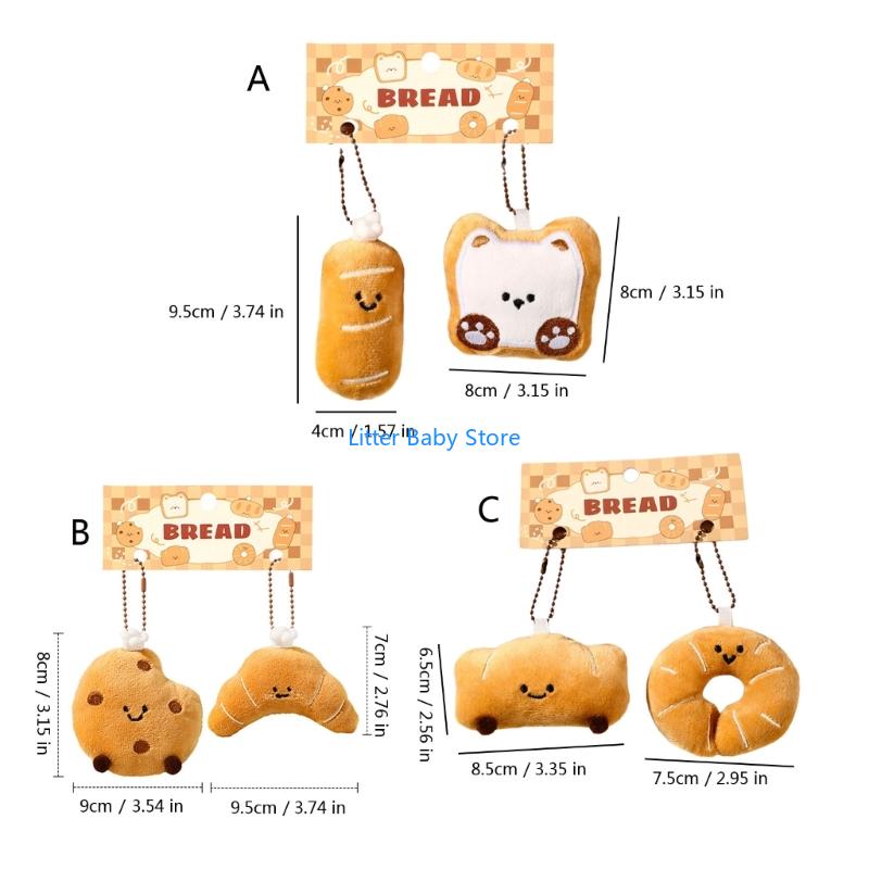 N80C 2Pcs Cartoon Bread Shaped Plush Stuffed Toy With Keychain Lover Gift