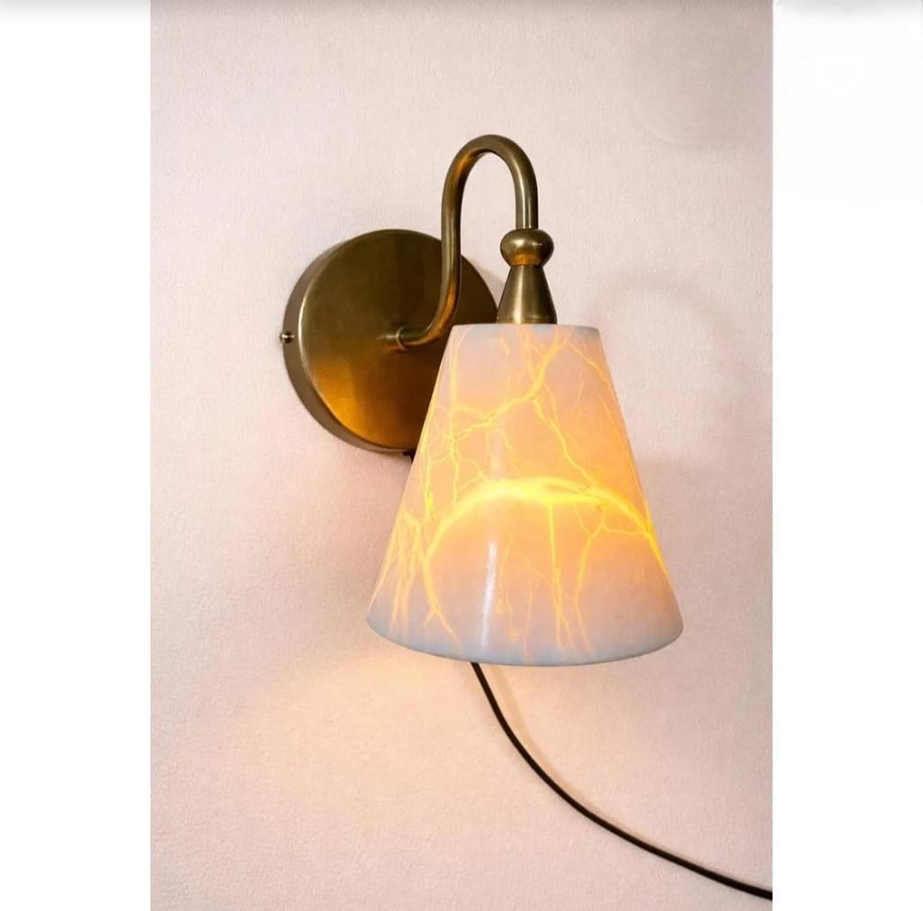 Mid Century Modern Vintage Brass Wall Sconce Alabaster Stone Glass Light Bedside & Bedroom Wall Lamp Luxury Handmade Home Decor Lighting