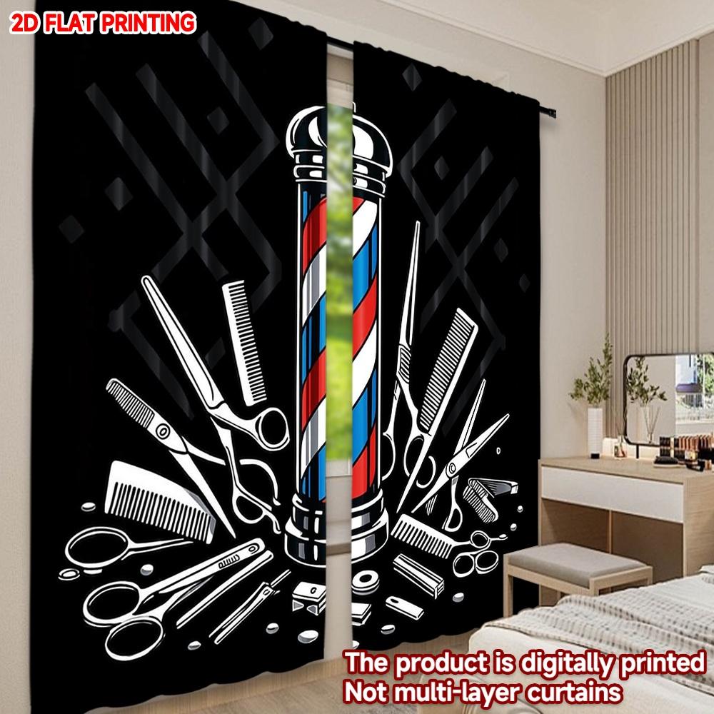 2D Flat Printing 2pcs Drapes Perfect for Barbershops Digital Printed Polyester Drapes Party Decorations Use for Festive