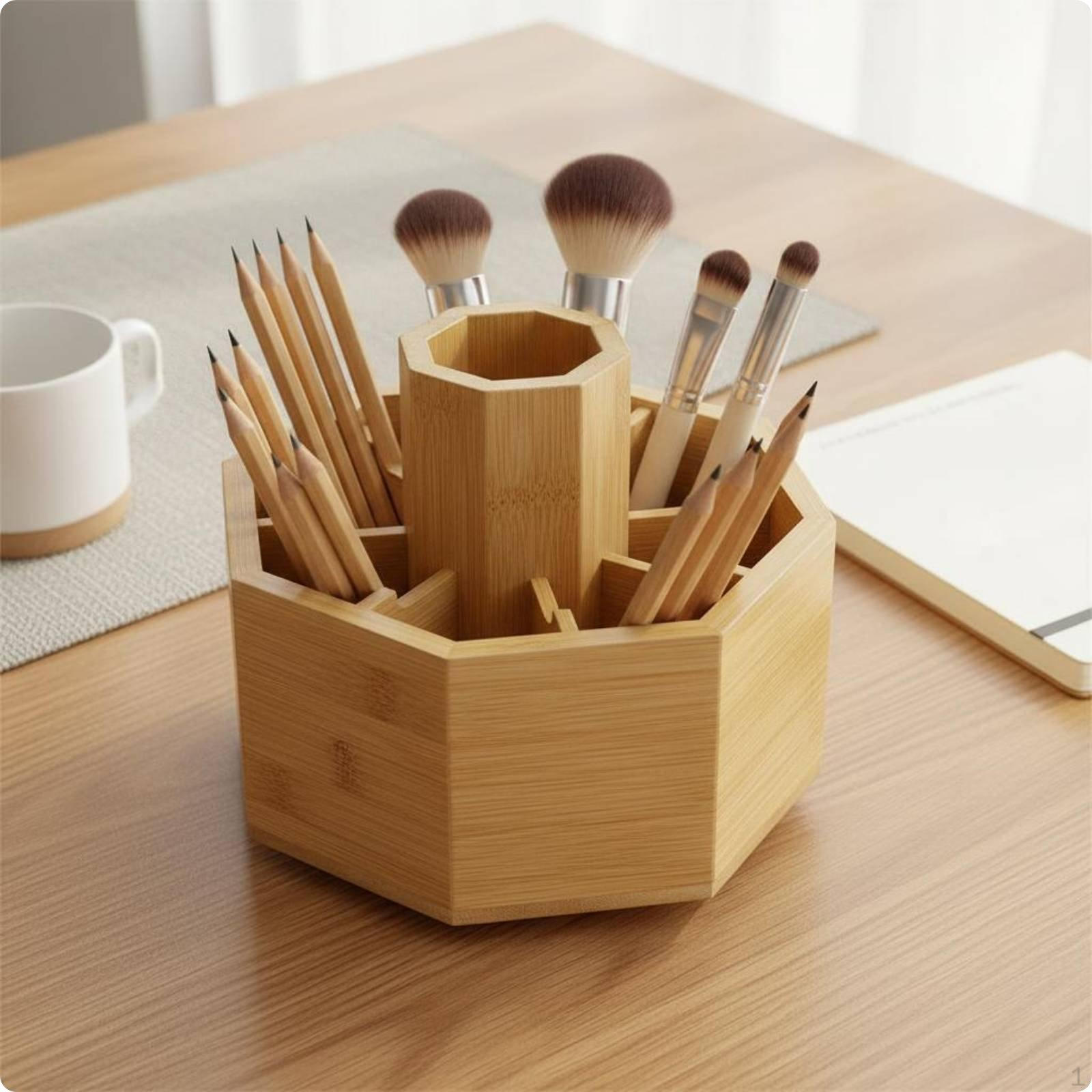 Rotating Bamboo Organizer Multi Compartment Pen Holder Large Capacity Degree for