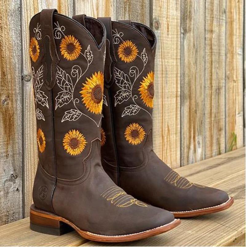Stivali da Donna Ricamati Stampa Glitter Stivali Western da Cowgirl Punta Retro Mezza Gamba Tacco Grosso Stivali Stile Romano Botas Femininas
