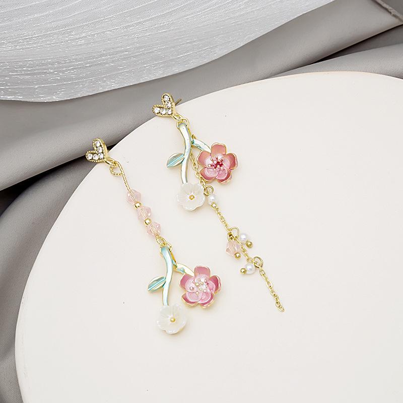 Asymmetrical Cherry Blossom Tassel Earrings