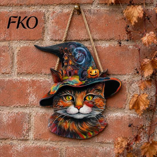 Witch Hat Halloween Sign Wooden Hanging Door Sign, Cute Painted Cat Welcome Ornament with Haunted Solid Wood Plaque House Pumpkin, Rustic Wall