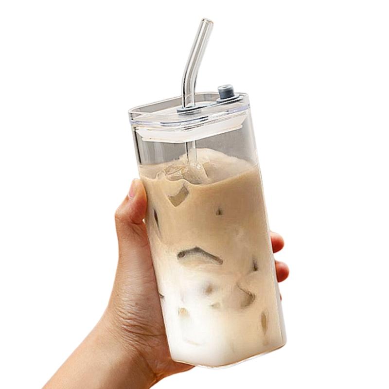 Heat Resistant Glass Cup with Straw 350ML Cold Drinks Cup Juice Cup Milk Cup with Lid Glass Texture Suitable for Drinks