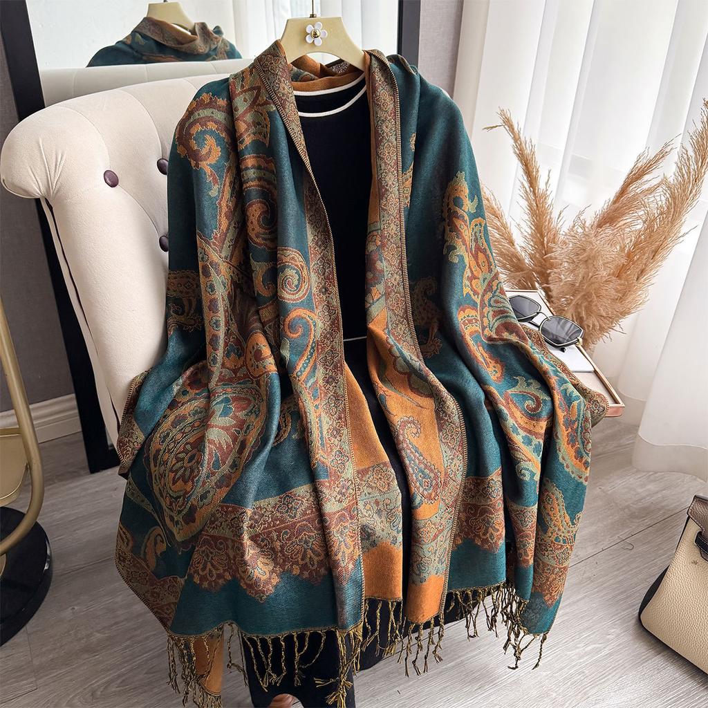 Women's New Imitation Cashmere Scarf, Ethnic Style Cashew Nut Flower Fringed Long Scarf, High Fashion Warm Shawl