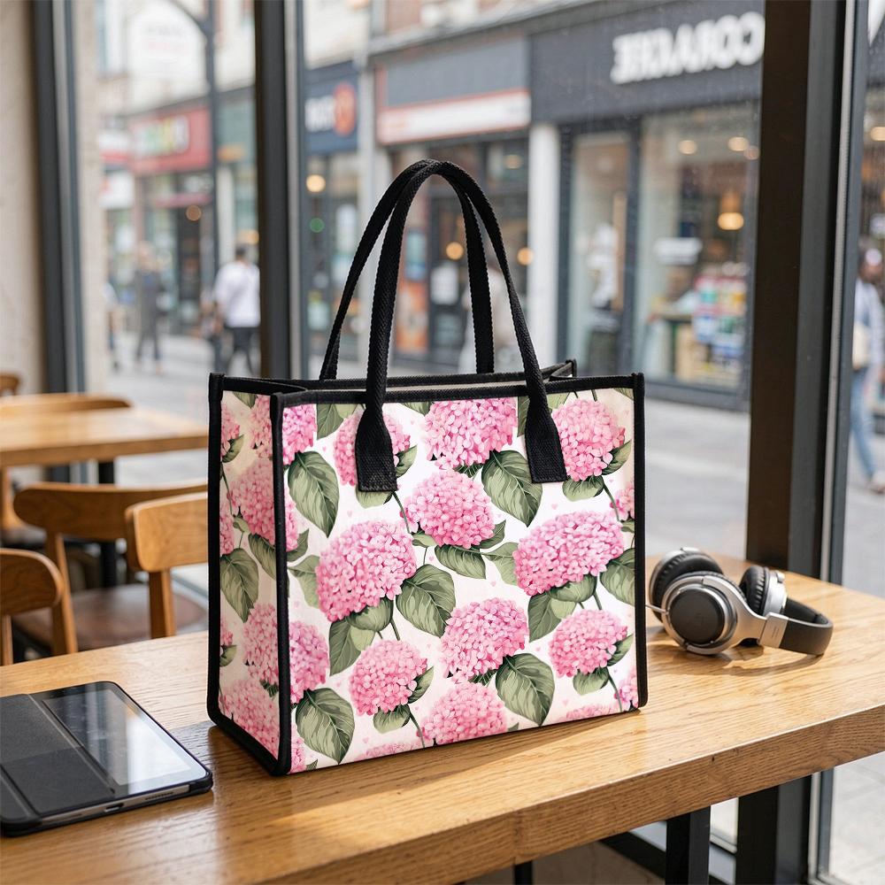 Pink Hydrangea Floral Canvas Tote Bag Casual Daily Shoulder Handbag for Women Shopping Outing