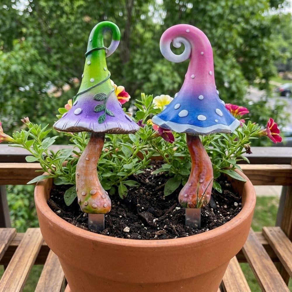 1 Pair Vintage Hand Painted Mushroom Potted Landscape Stake Outdoor Lawns