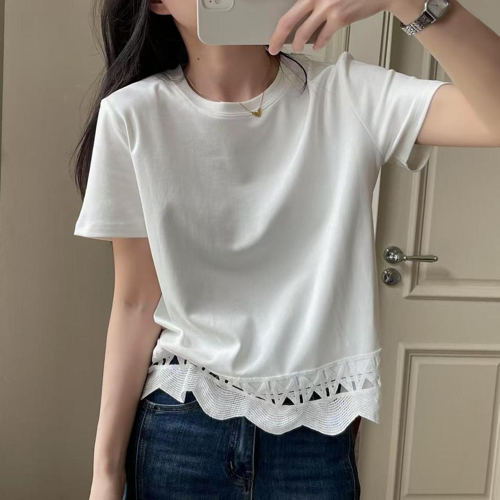 Elegant Floral Lace Patchwork Cotton T-shirt - White, Short Sleeve, Summer Style