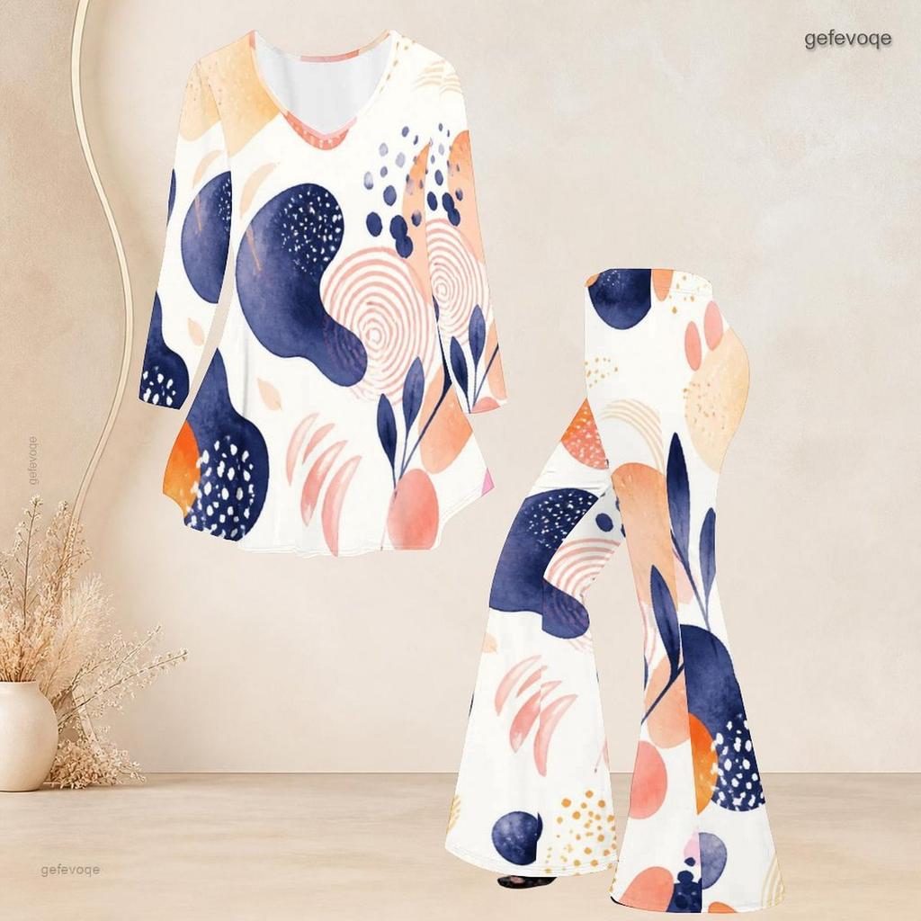 Women Plus Size Round Neck Three Quarter Sleeve Printed Flared Top Flared Pants Two Piece Set