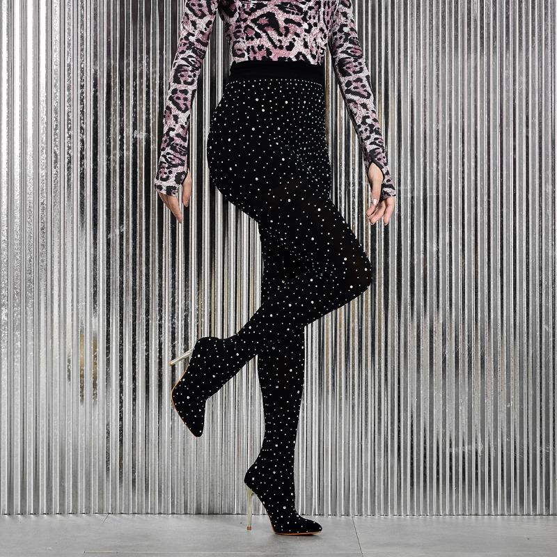 Fashion Pants and Boots Water Diamond High Heels Elastic Pointed Women's Shoes Thigh High Boots Women Shoes Plus Size35-45