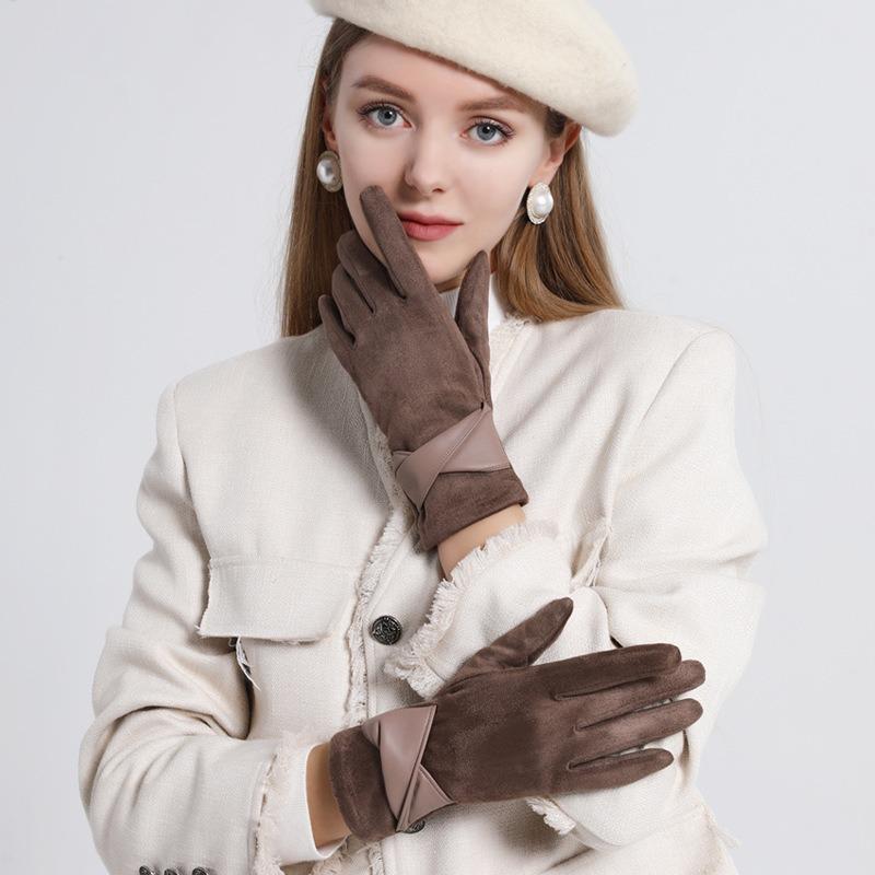 Winter Gloves Women's Suede, Cold-proof and Warm Gloves Women's Fleece Thickened Gloves Men's Bow Gloves Women