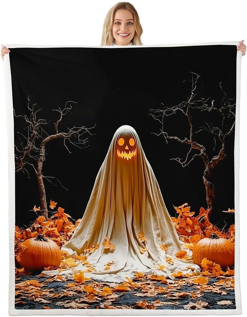 GUOYU Decke Happy Halloween Fleece-Decke Baby Kürbis Geist Feiertags Sherpa-Decke Gotische Fledermäuse Florale Pflanzen Flauschige Plüschdecke für Kinder
