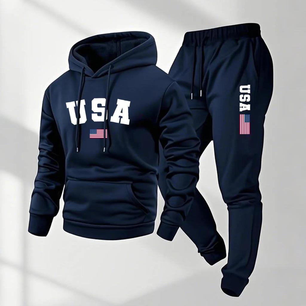 Unisex USA Flag Print Hoodie & Pants Set - Casual Autumn/Winter Sportswear