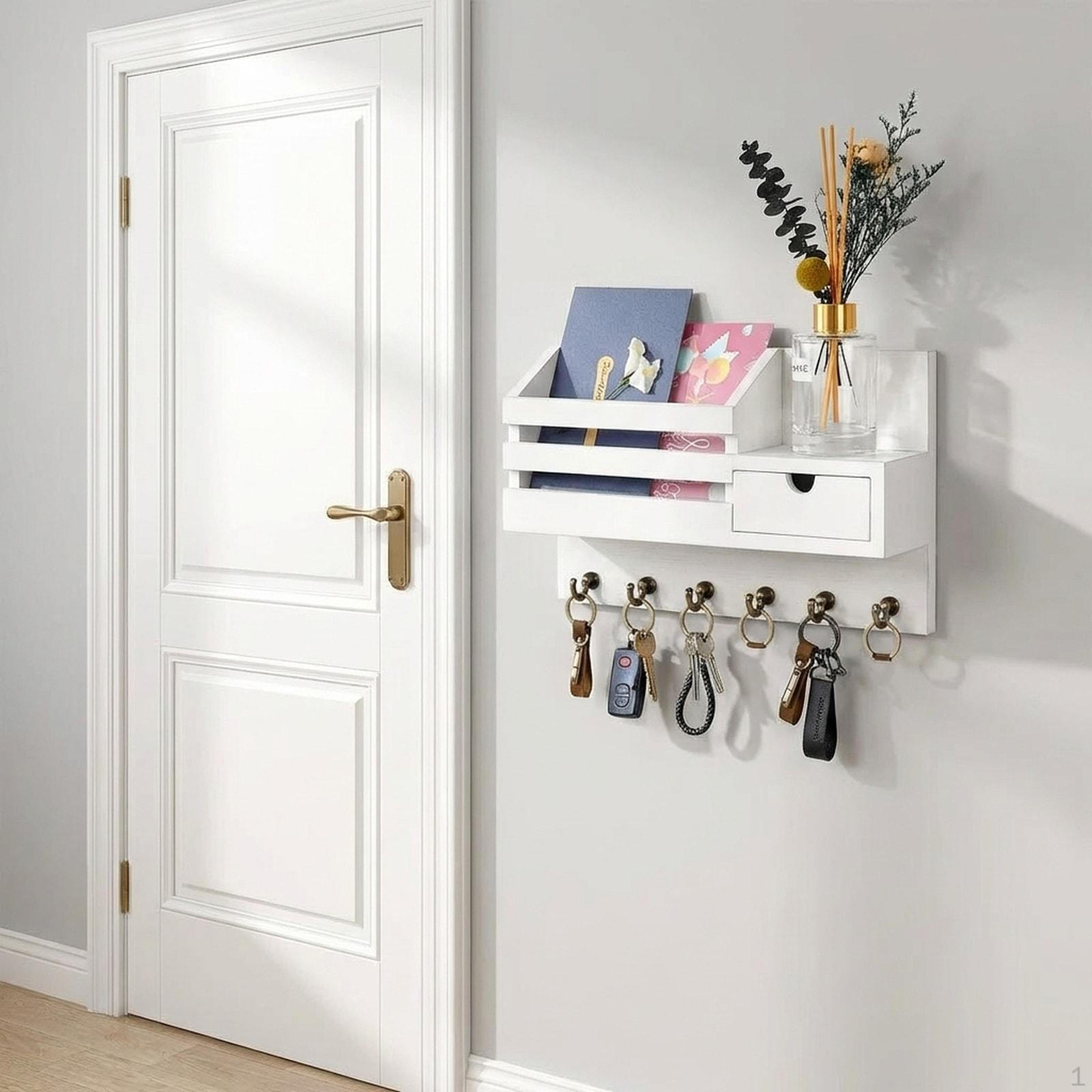 

Holder for Wall Mounting with Letter Tray And Shelf, Hooks Hanging Keys Accessories, білий