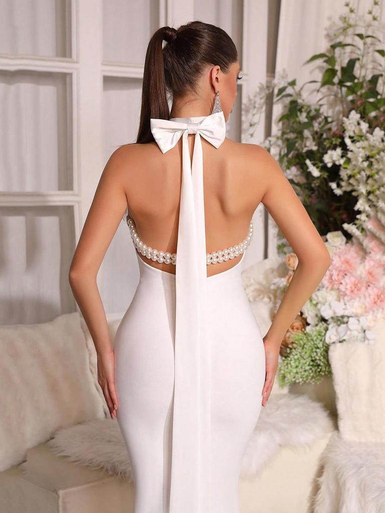 Rochie Europeană și Americană cu Mâneci tip halter, spate gol, bandaj: Rochie Sexy, la Modă pentru Petrecere, Nuntă, Banchet