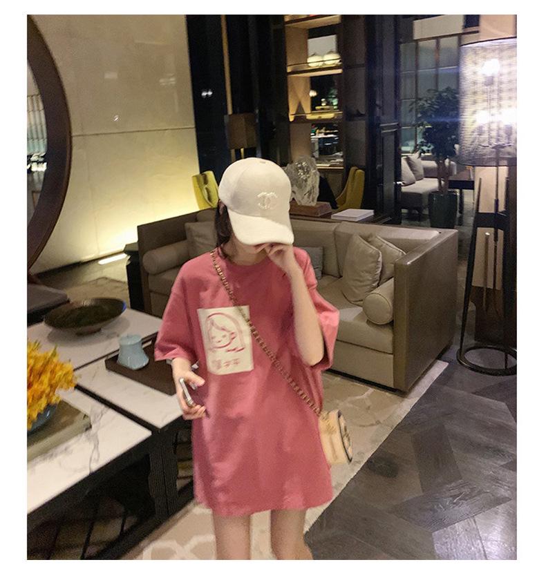 Damen Rosa Bedrucktes Kurzarm Rundhals T-Shirt - Sommer 2024 Koreanischer Stil, Schlicht und Locker geschnitten, Perfekt für Studentinnen.