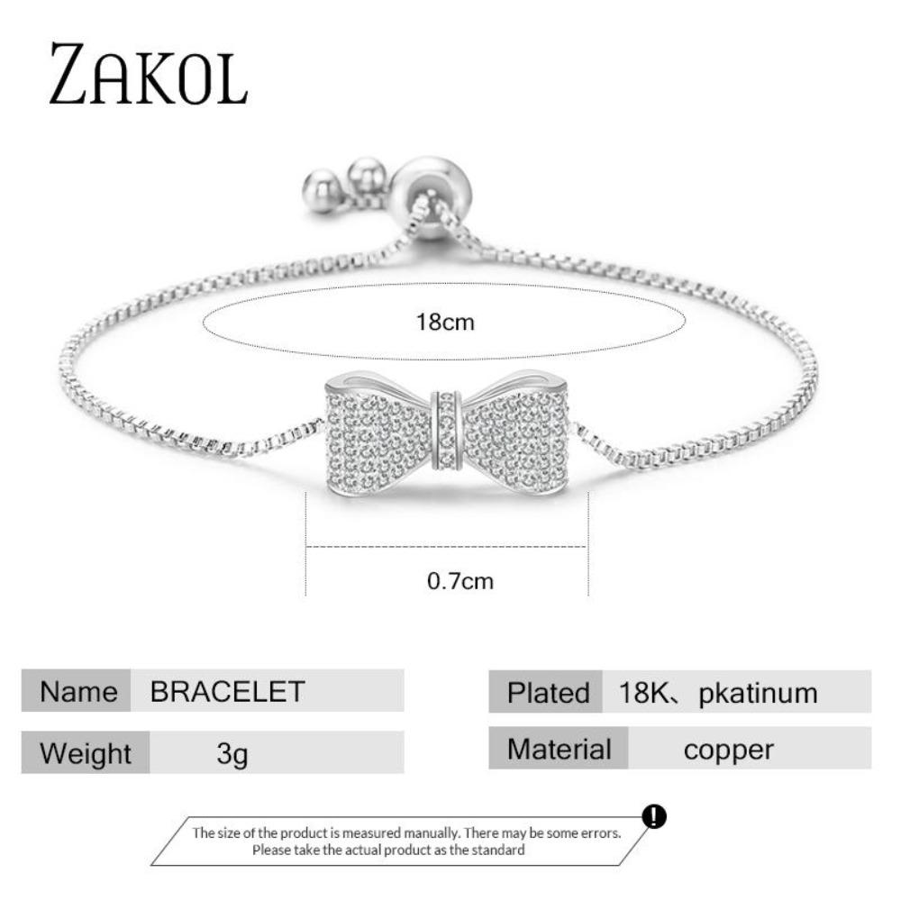 ZAKOL Fashion Bow Zirconia Crystal  Adjustable Bracelet & Bangle for Women Brilliant CZ Party Zircon