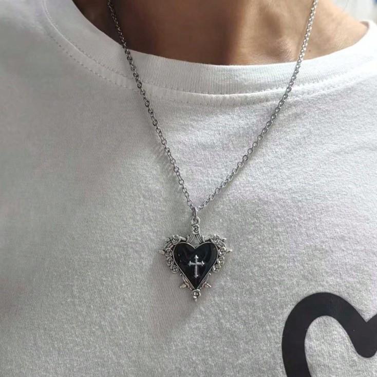 Gothic Heart Shape Necklace With Cross Pendant For Men Women In Vintage Style