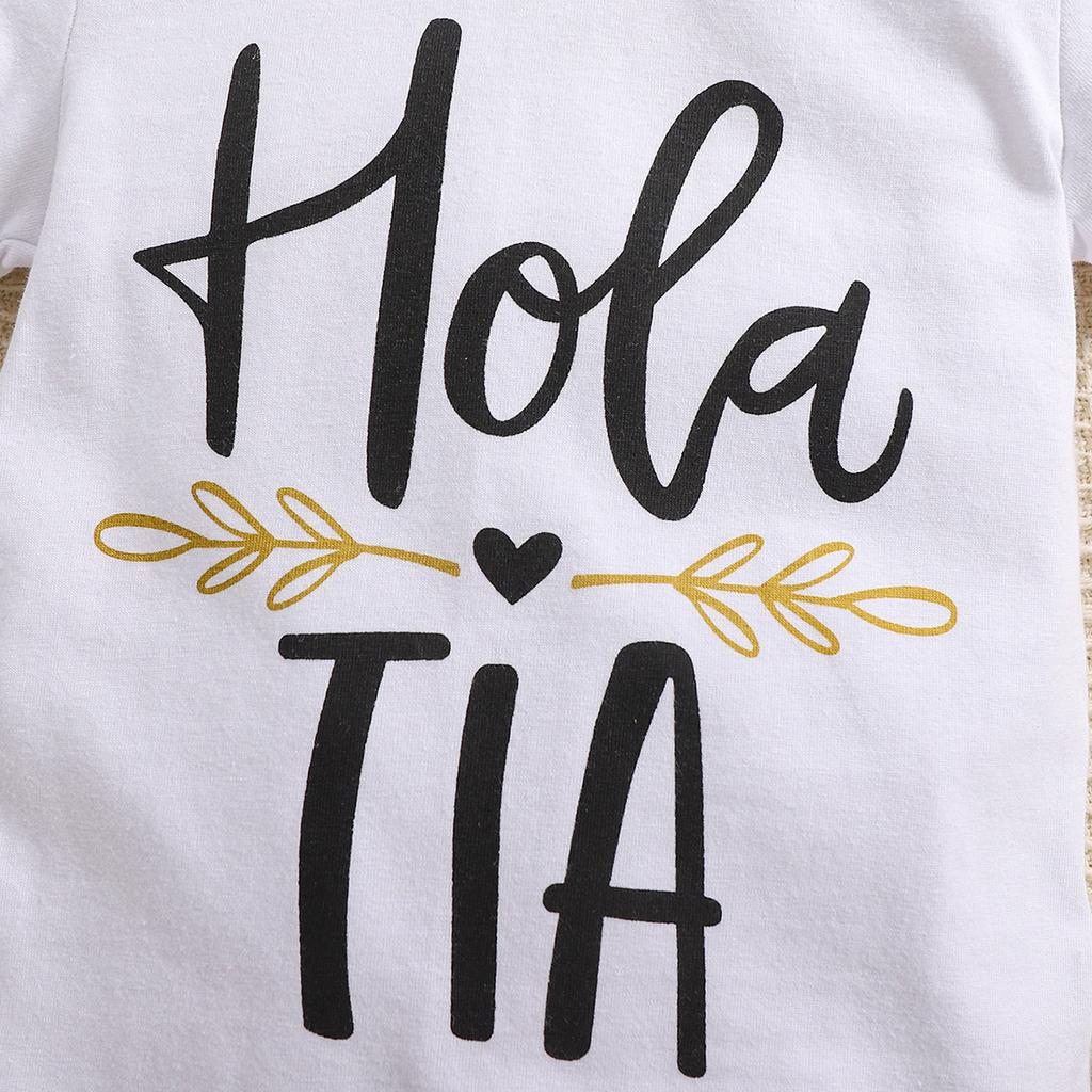 1-18 Months Baby Cute Spanish Letters "Hola Tia" Print Cotton Bodysuit Short Sleeve Jumpsuit