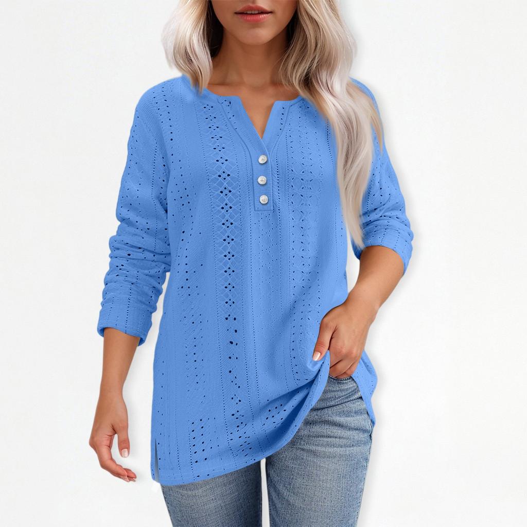 T-skjorte for kvinner T-skjorte med knapp 3/4 ermer Daglig helgmote Basic V-hals vanlig topp
