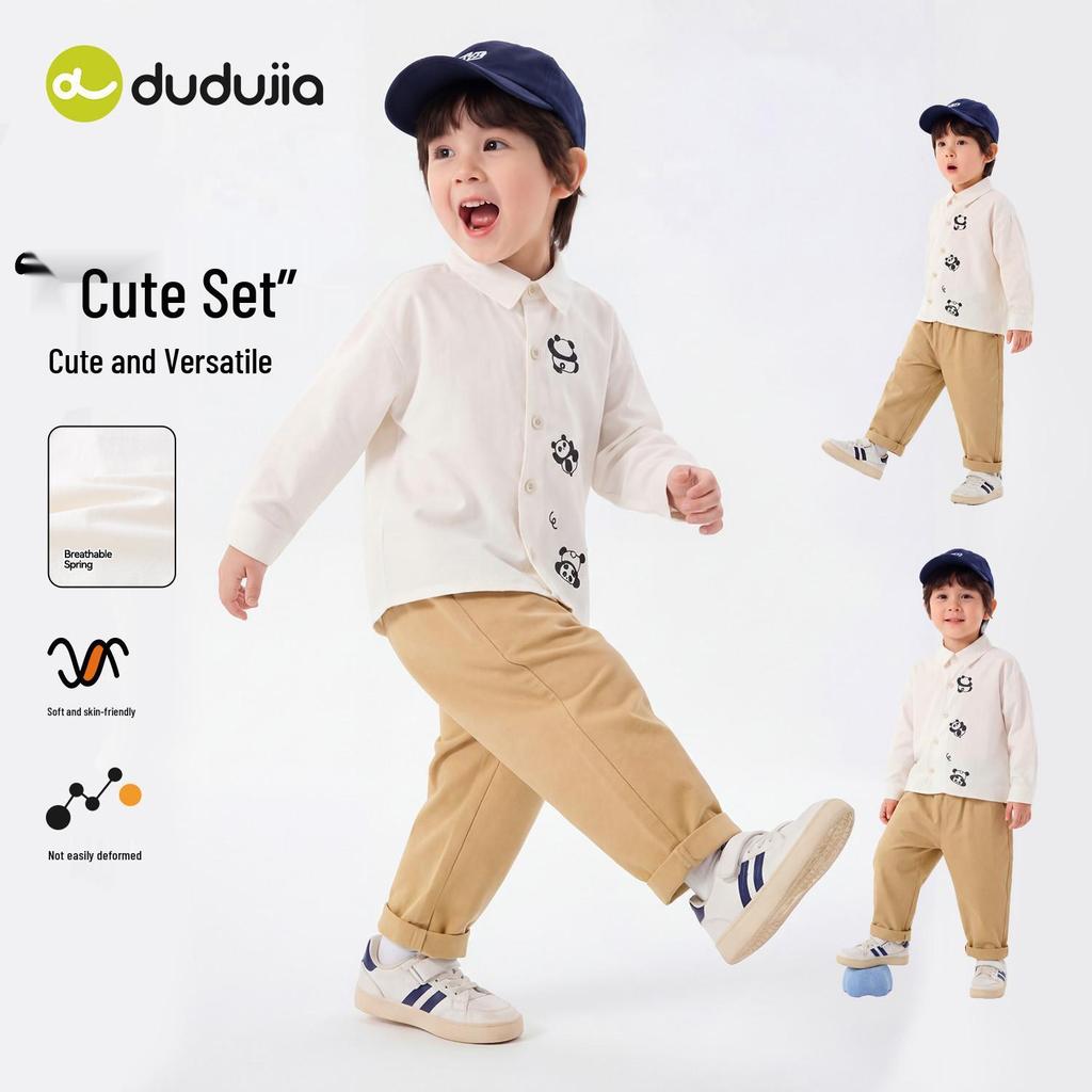 Dudu Boys' Spring Cotton Outfit: Two-Piece Shirt & Pants Set