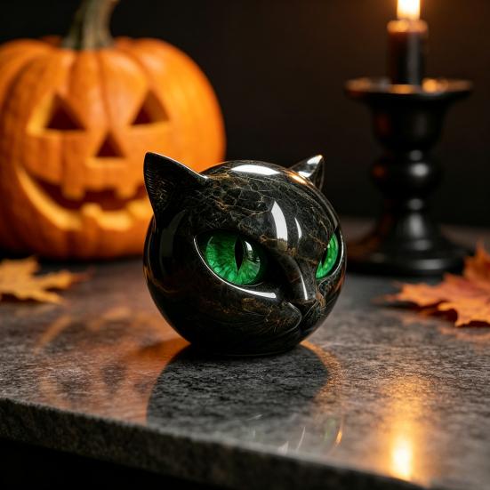Mysterious Obsidian Style Ornament Spherical Black Cat Head Ornament, Resin Gothic Sculpture with Colorful Lover Gift Eyes for Halloween