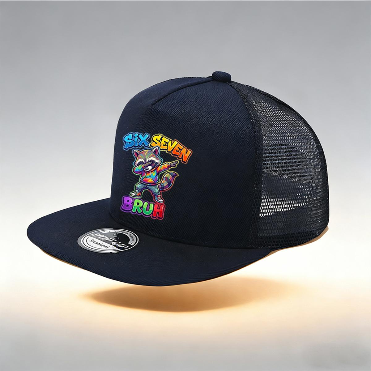 

1/2PC Y2K Gray Raccoon Flat Brim Trucker Hat, Dopamine Colorful Print, Breathable Mesh, Cool Aesthetic Cap темно-синий
