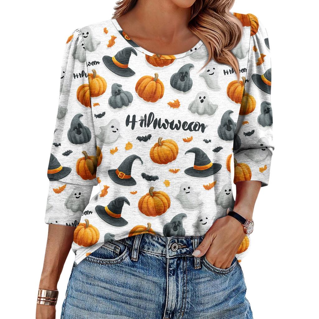 Damen Modisches Lässiges Rundhals Siebenviertelärmel Halloween Bedrucktes Puffärmel Oberteil