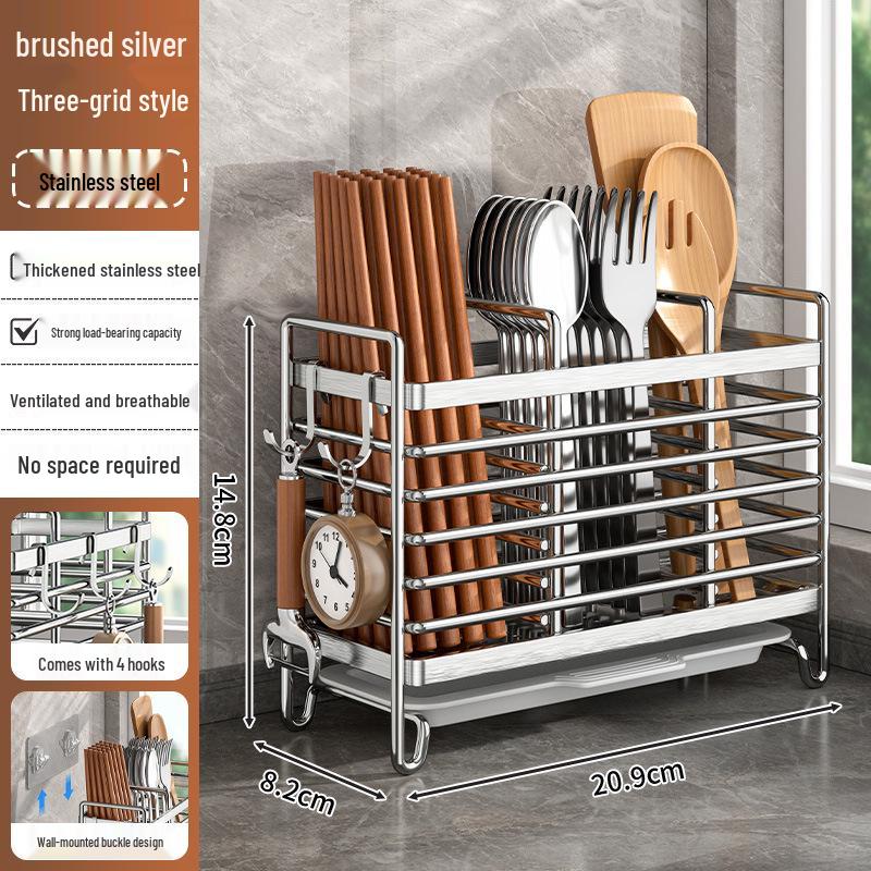 Wall-Mounted Stainless Steel Utensil Holder: Chopstick, Knife & Spoon Storage Rack