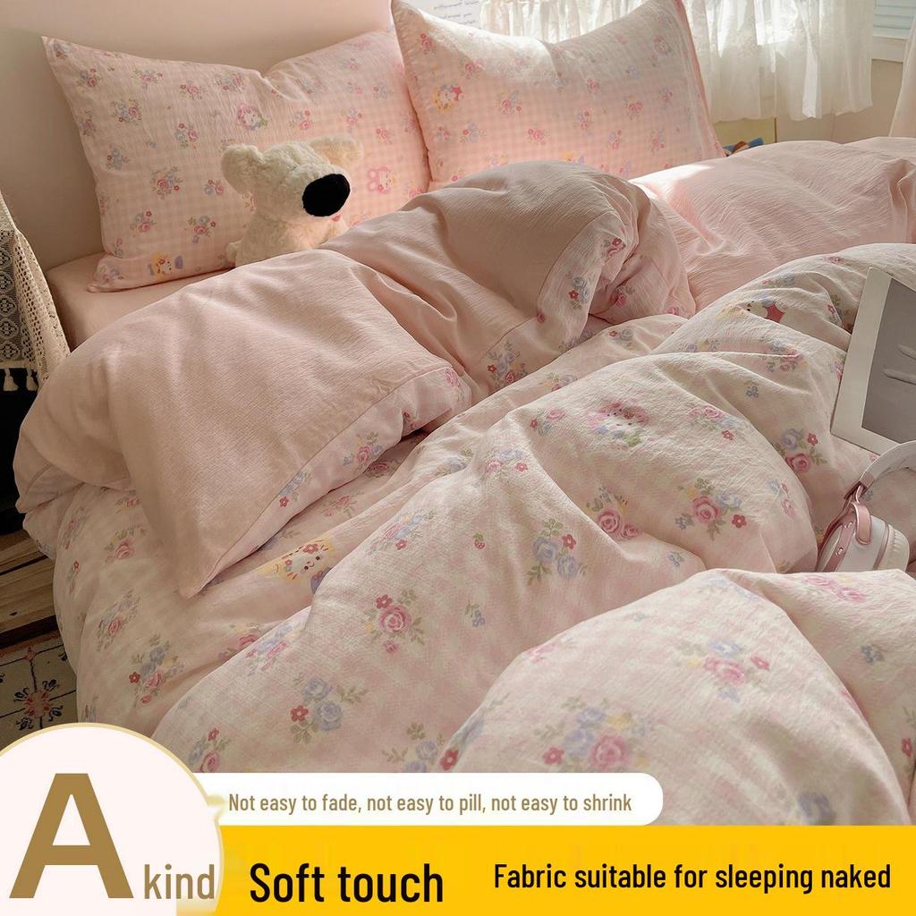 Floral Soft Cloud-Feel Double-Layer Gauze Bedding Set: Machine Washable, Small Student Dormitory Size, 3-Piece