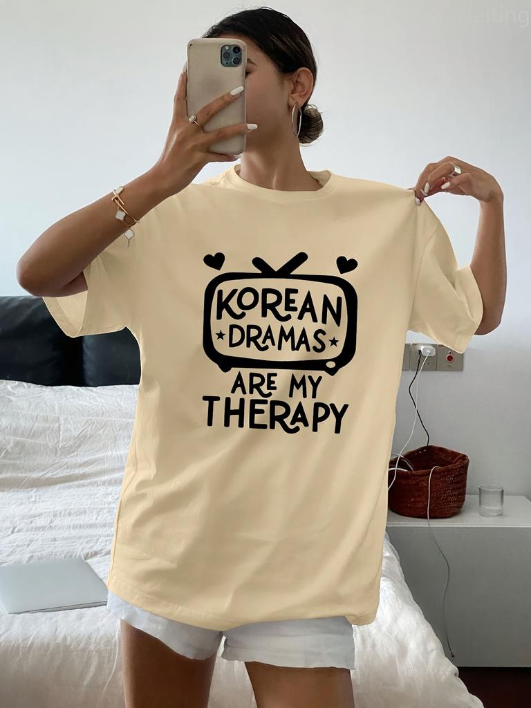 Unisexs Korean Dramas Are My Relax Graphic Tshirt White Sleeve Crew Neck Casual With Summer Short Sleeved Harajuku Streetwear
