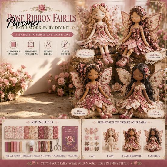 Künstlerische Heimdeko Bastelset Magische Fee Patchwork, DIY Blumenstoff Nähen Dekoratives Figuren-Set 4-flügelige Puppen, für Anfänger,