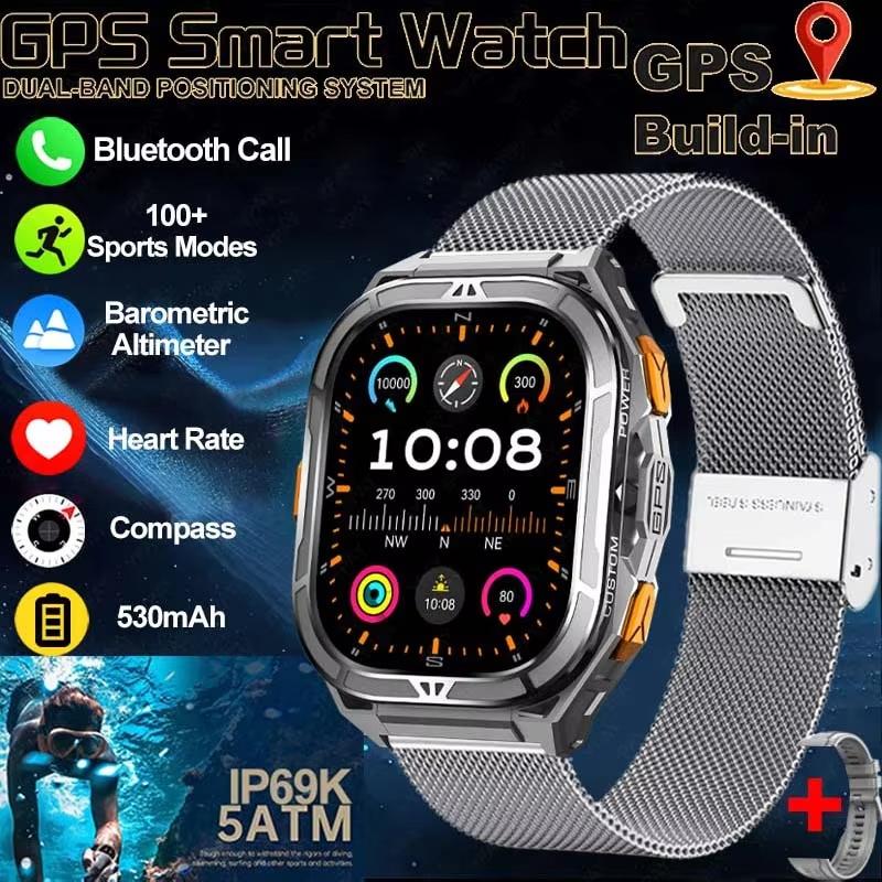 New GPS Track Smart Watch Men 5ATM Waterproof 1.96" Always Display Compass Heart Rate 530mAh Battery BT Call Smartwatch