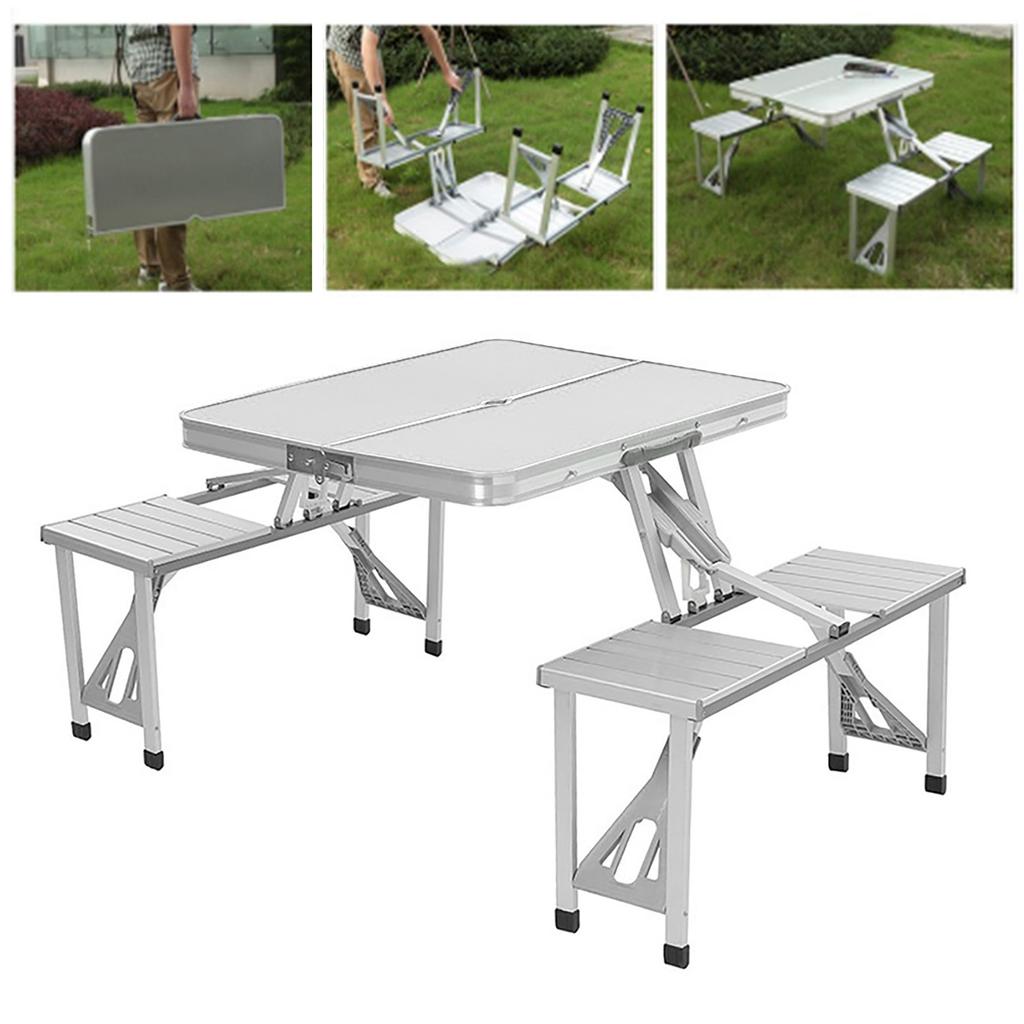 Portable Folding Picnic Table with 4 Seats Aluminum Alloy for Outdoor Camping Beach Brushed Silver
