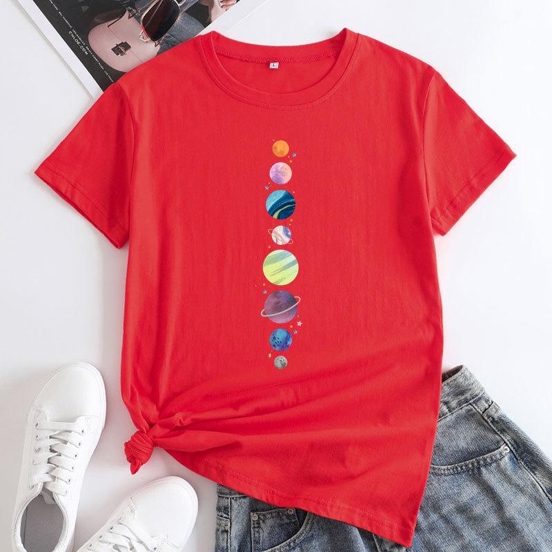 Summer Round Neck Planet Pattern Printed Top Fashionable Casual Short Sleeved Women's Pure Cotton T-shirts
