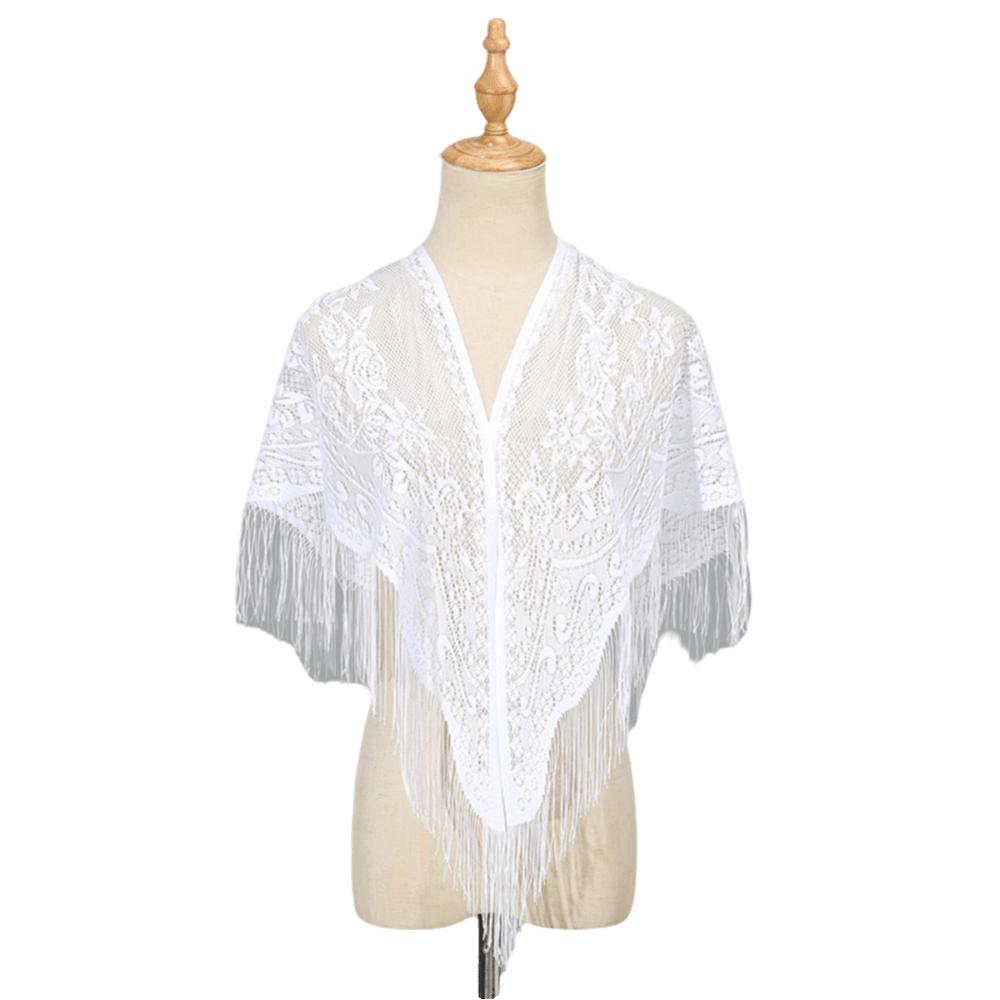 Polyester Lace Hollow Scarf Embroidery Mesh Scarves Elegant Tassel Triangle Shawl  Wedding