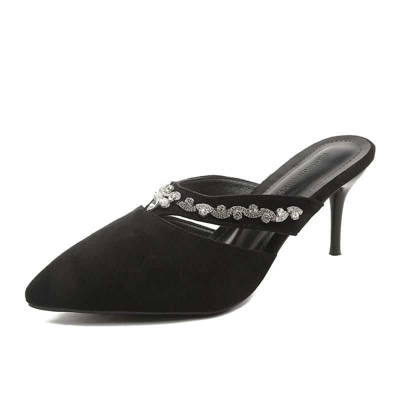 Fashion Stiletto Sandals Spring New Pointy Head Shallow Mouth Suede Rhinestones Running Out Set Feet Anti-slip Wear-resistant High Heels