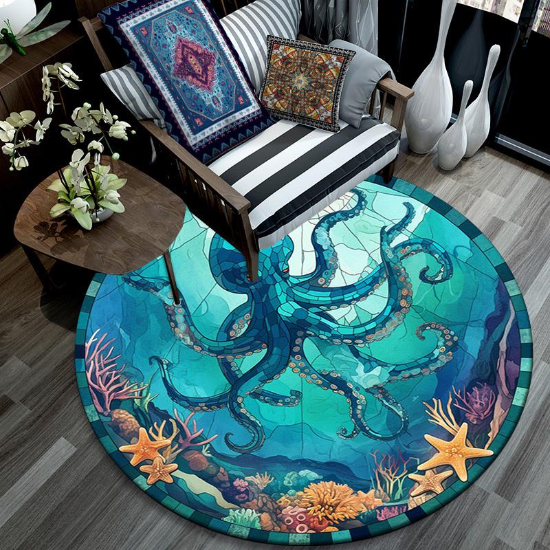 Octopus and Starfish Round Area Rug,Carpet Rug for Living Room Bedroom Sofa Playroom Decor,Non-slip Floor Mat