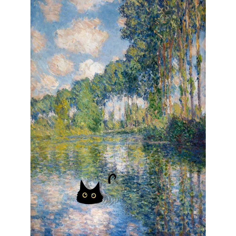 1pc Frameless Claude Monet Artworks Interesting Cute Black Cat Lotus Pond Poster Canvas Paintings for Living Room Home Decor