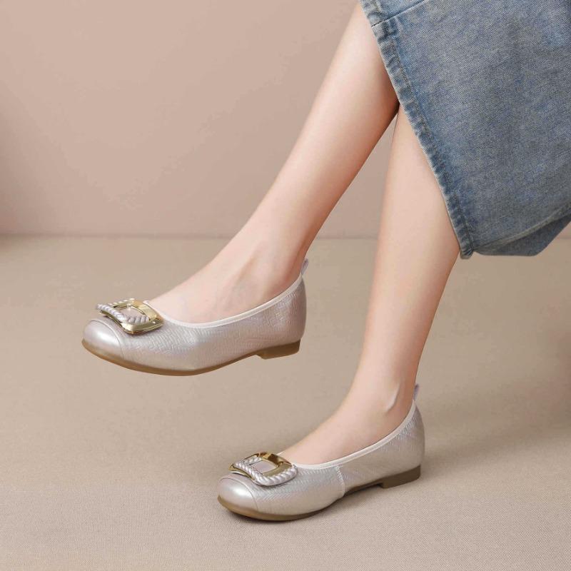New soft-soled comfortable shallow-mouth single shoes women's shoes cowhide one-pedal single shoes square buckle flat shoes grandma shoes