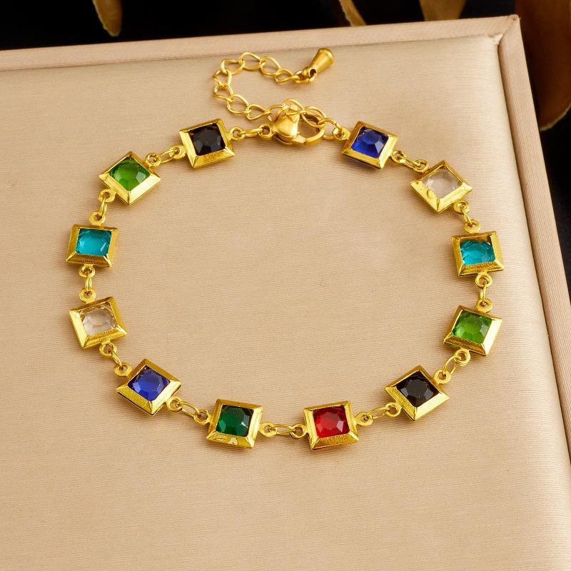 Gold Plated Multicolor Square CZ Jewelry Set, Stainless Steel Rainbow Gem Necklace Bracelet Set, Waterproof Boho Jewelry for Women Gift