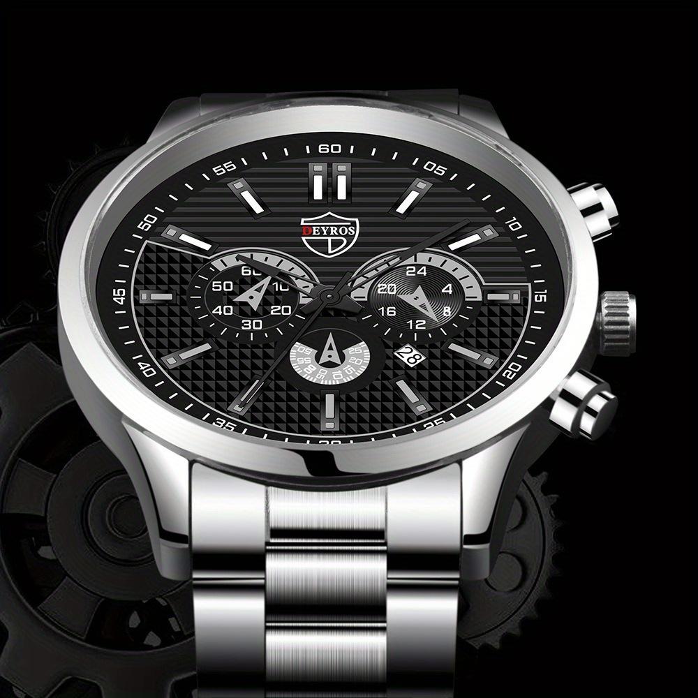 DEYROS Fashion Men's Calendar Steel Strap Watch Men's Casual Fake Three Eyes Quartz Wristwatch, Best Choice for Men's Gifts