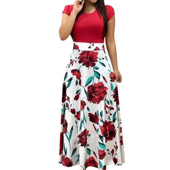 Women Floral Print Color Block Round Neck Beach Party Short Sleeve Maxi Dress