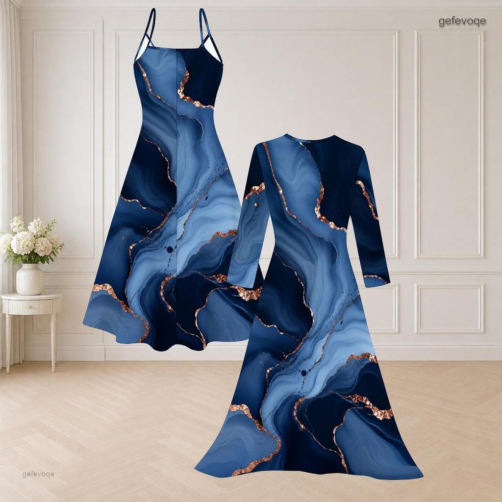 Women Plus Size Two Piece Outfit Spaghetti Strap V Neck Flared Dress Long Sleeve Open Front Blue Gold Printed Cardigan