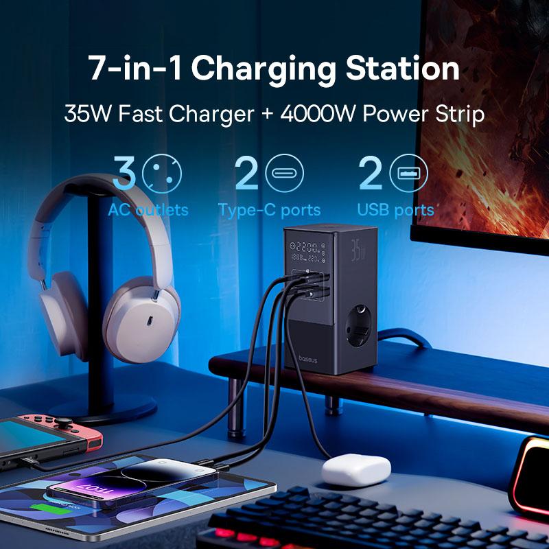 Baseus 35W Fast Charger 7 In 1 Power Strip Desktop Charging Station With 1200J Surge Protector Digital Display For iPhone Xiaomi