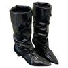 European and American Spice Girls Style Patent Leather Pointed Pleated Pile Boots Women's 2025 Autumn and Winter New Trendy Two Wear Low Heel High B