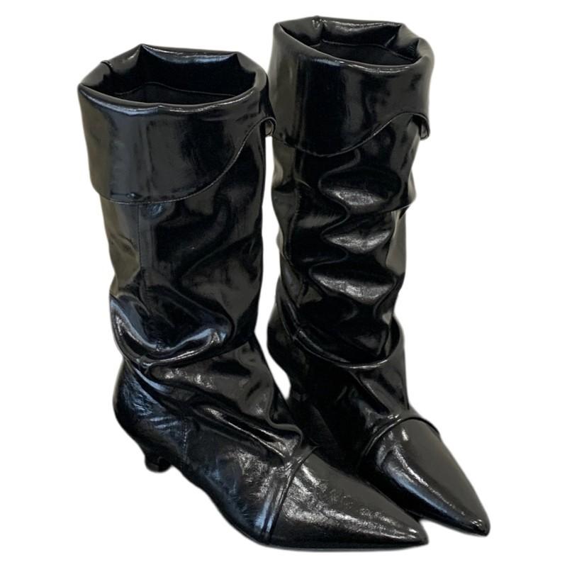 European and American Spice Girls Style Patent Leather Pointed Pleated Pile Boots Women's 2025 Autumn and Winter New Trendy Two Wear Low Heel High B