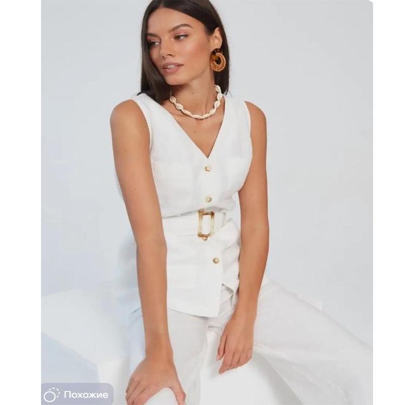 Conjunto de Chaleco de Lino Puro con Parches y Pantalones Largos de Venta Caliente 2024