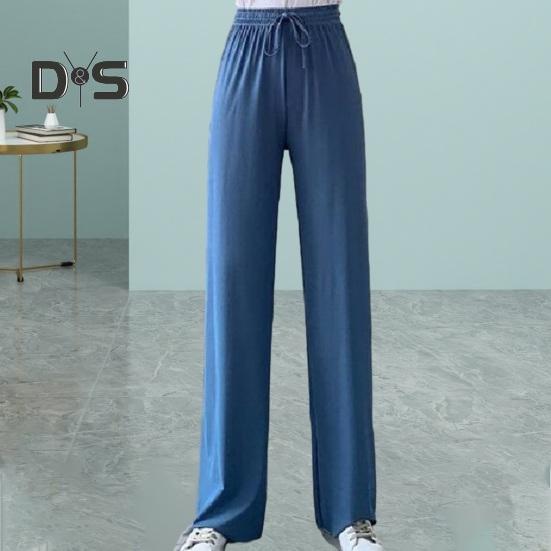

Summer Women Casual Pants Solid Color Ice Silk Pants High Waist Elastic Waistband Drawstring Straight Wide Leg Long Trousers