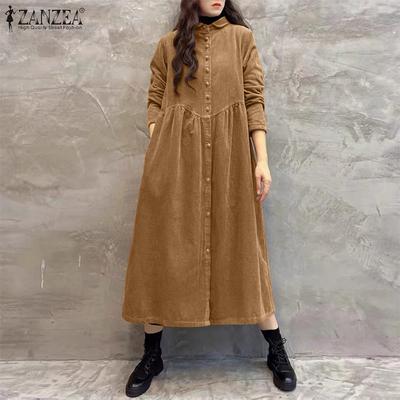 Damen Casual Umlegekragen Langarm Retro Langes Kleid